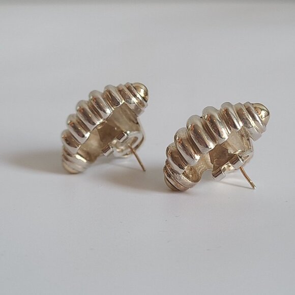KRYPELL 925 Silver 14K yellow gold, Vintage Two Fluted Shell Omega Earrings 585 - Picture 6 of 9